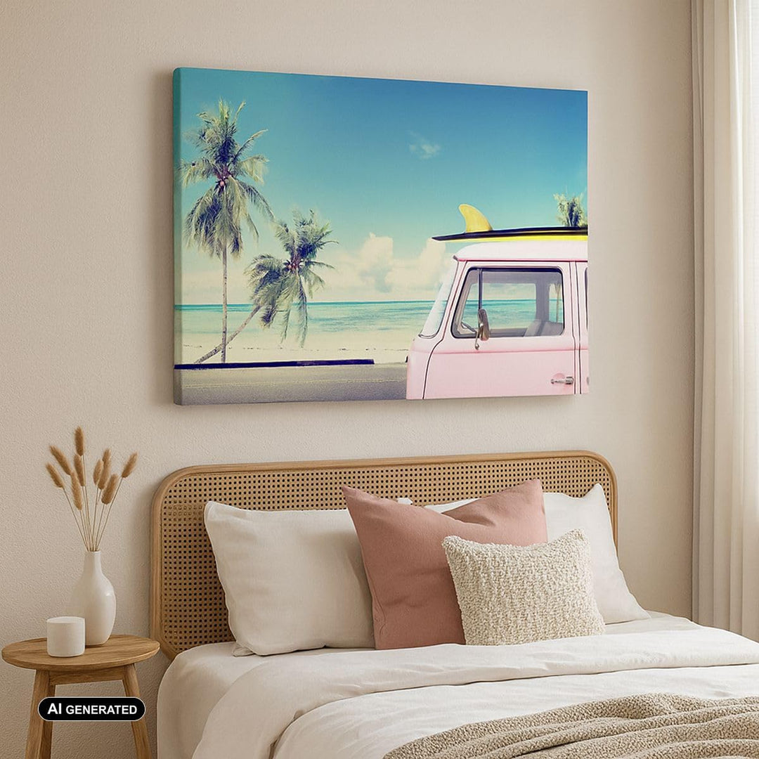 Bilder auf Leinwand 100x70cm Leinwandbild Auto Surfbrett Strand Ozean Gross Wanddeko Bild Schlafzimm