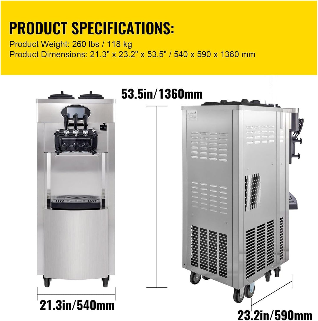 Kommerzielle Eismaschine, 20–28 L/h Leistung, 2200 W, Freistehende Softeismaschine mit 3 Geschmacksr