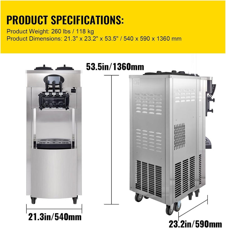 Kommerzielle Eismaschine, 20–28 L/h Leistung, 2200 W, Freistehende Softeismaschine mit 3 Geschmacksr