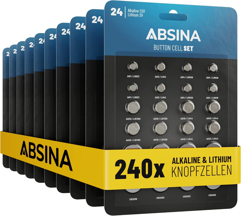 ABSINA 240er Pack Alkaline & Lithium Knopfzellen - 20x AG1 / 20x AG3 / 40x AG4 / 40x AG10 / 40x AG13