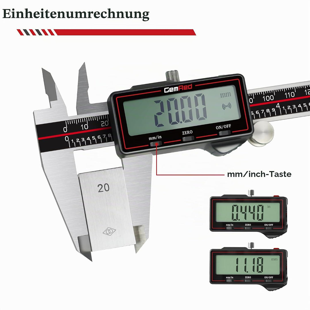 GemRed Digitaler Messschieber 200 mm / 8 Zoll, Kabelloser Edelstahl-Messschieber digital mit grossem