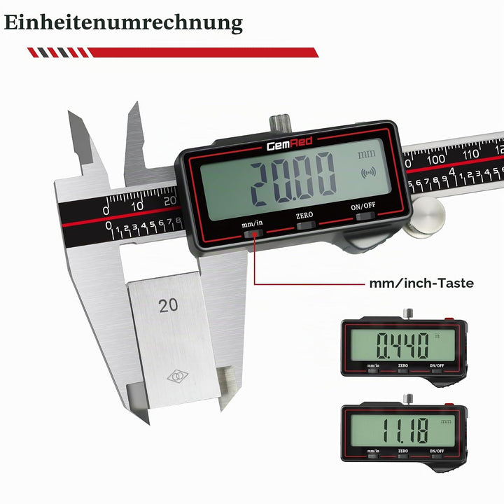 GemRed Digitaler Messschieber 200 mm / 8 Zoll, Kabelloser Edelstahl-Messschieber digital mit grossem