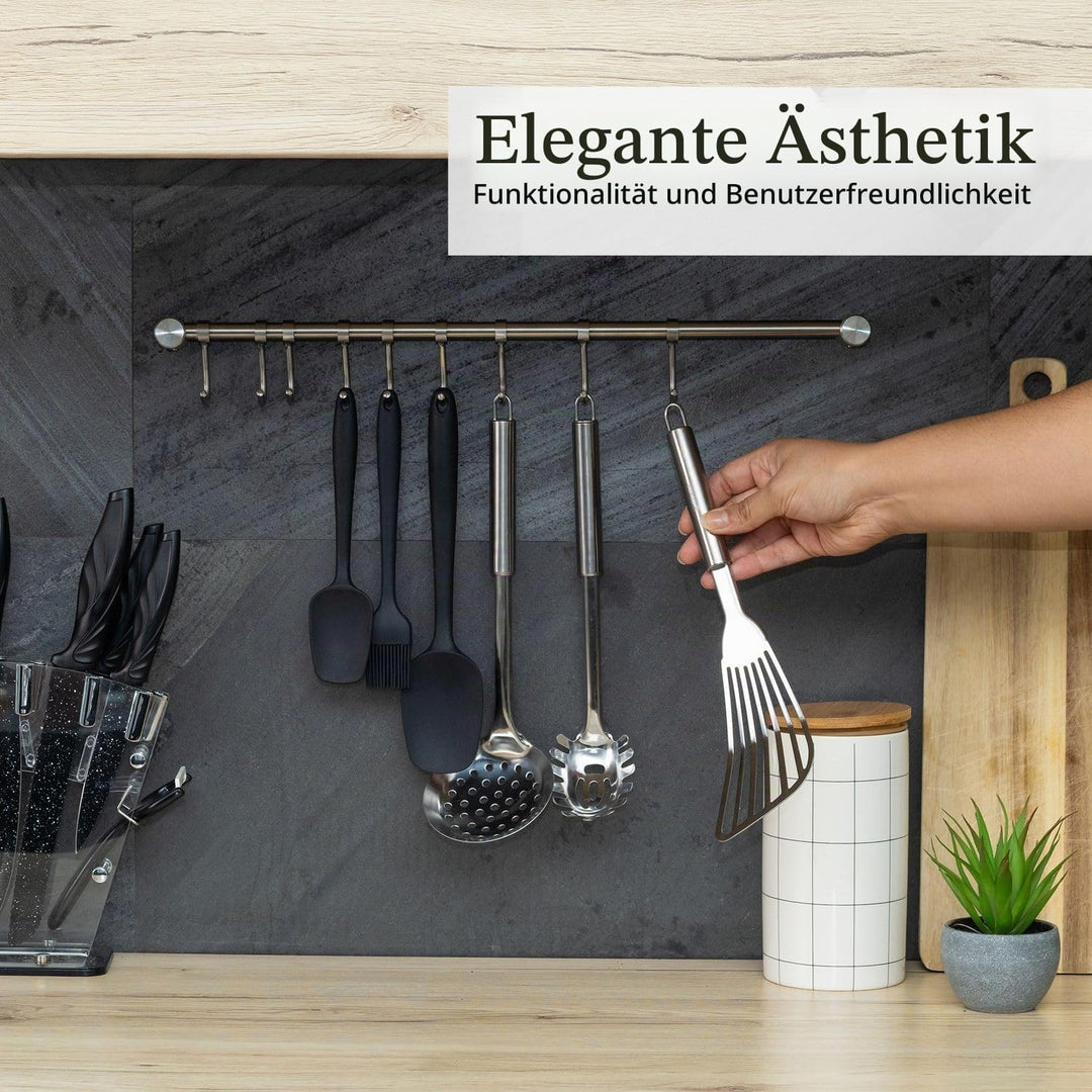 Hängeleiste für die Küche aus Edelstahl mit 7 beweglichen Haken zum Bohren - 39.6 x 3.4 x 2.2 cm - K