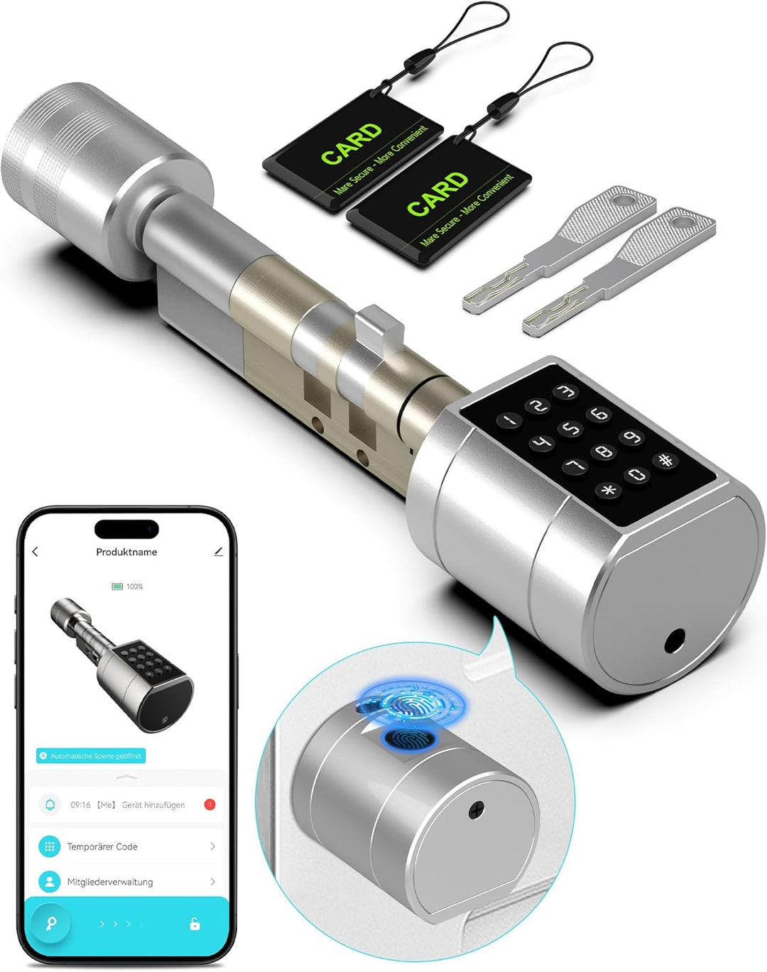 Eseesmart Türschloss Fingerabdruck, Fingerabdruck Schloss mit Zahlencode RFID Schlüssel APP, Elektri