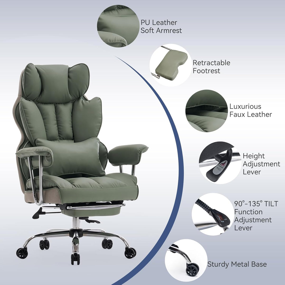 Efomao bürostuhl ergonomisch, PU Leder Chefsessel, bürostuhl 150 kg mit Fussstütze und Lendenwirbels
