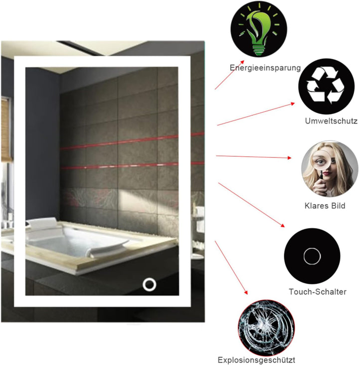 Homewell Badspiegel mit Beleuchtung, 50x70cm LED Wandspiegel mit Touch-Schalter, Kaltweiss Licht 650
