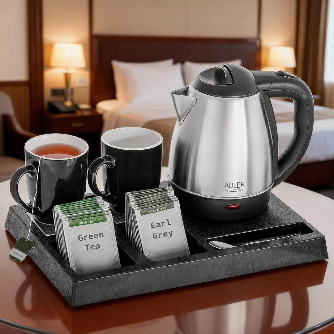 Adler Wasserkocher Set Edelstahl 1,2L mit Tablett & 2 Tassen | Kompakte Teestation & Kaffeebar für H