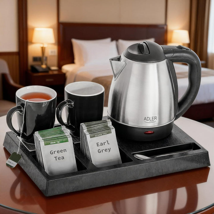 Adler Wasserkocher Set Edelstahl 1,2L mit Tablett & 2 Tassen | Kompakte Teestation & Kaffeebar für H