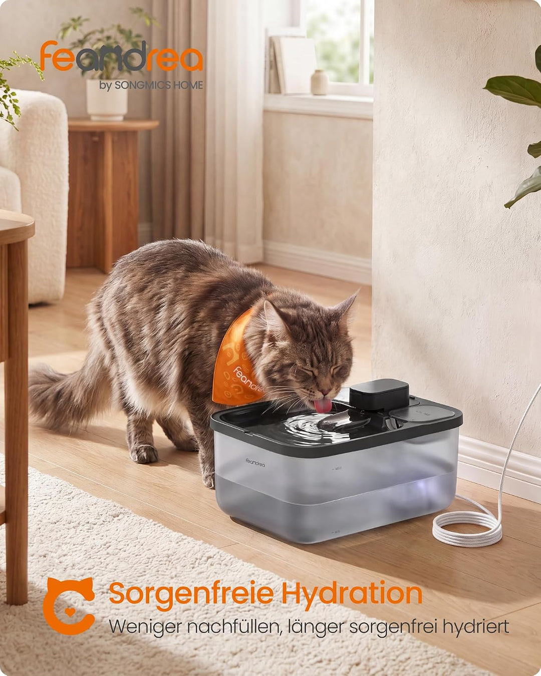 Feandrea Katzenbrunnen, 4,5 L Trinkbrunnen für Katzen, Leiser Haustierbrunnen mit 8 Filtern und 4 Sc