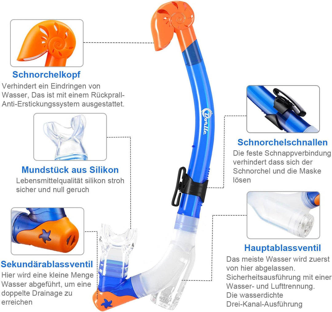 Dorlle Kinder Schnorchelset Tauchset Schnorchelmaske mit 3-Kanal Premium Dry Schnorchel und Anti-Lec