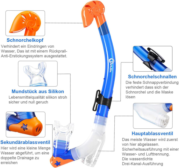 Dorlle Kinder Schnorchelset Tauchset Schnorchelmaske mit 3-Kanal Premium Dry Schnorchel und Anti-Lec