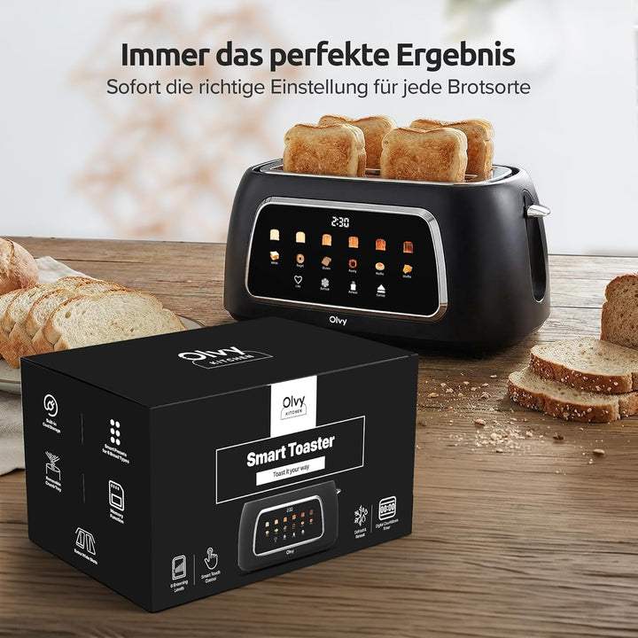 Olvy T-40T Toaster mit langen Schlitzen – 1500 W, LCD-Touch-Display mit Timer, 6 Bräunungsstufen, Au