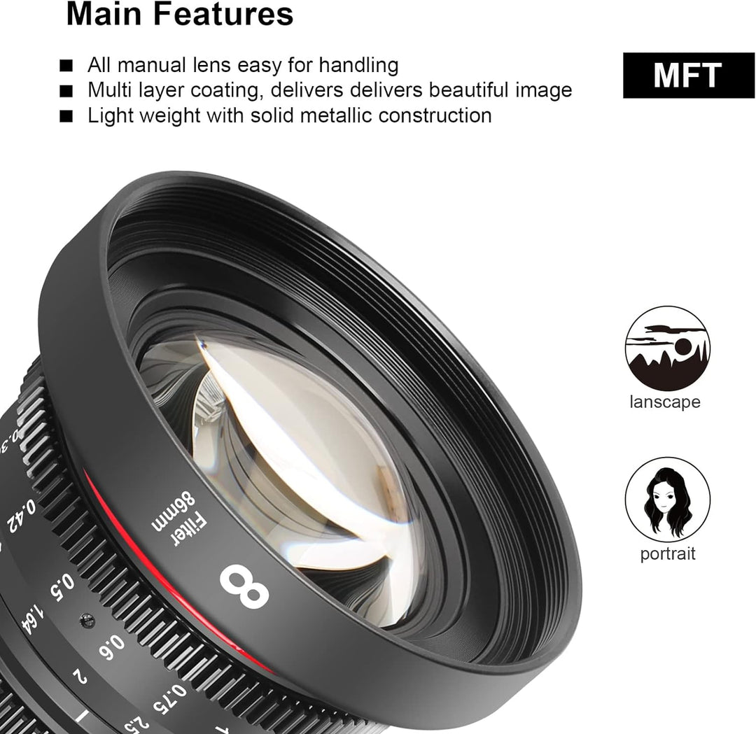 MEKE 8 mm T2.9 grosse Blende manueller Fokus Prime Low Distortion 4K Mini Cine Objektiv für Micro Fo