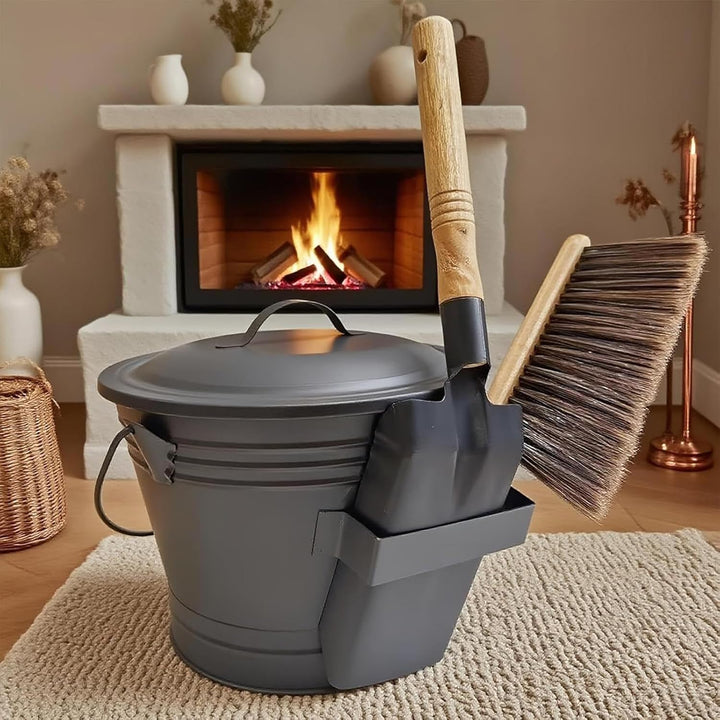 Ascheeimer Mit Deckel, Holzkohle Kohleeimer Set Mit Schaufel Und Handbesen, Runder Kohleeimer Für Ka