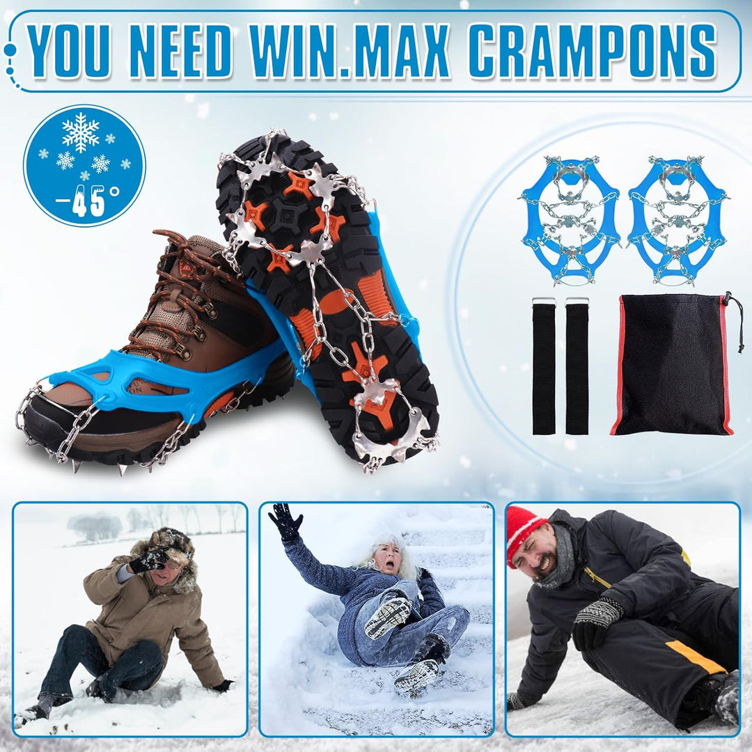 WIN.MAX Steigeisen Grödel Eisspikes, Schuhkrallen mit19 Edelstahl Zähne Spikes Schuhkrallen Grödeln