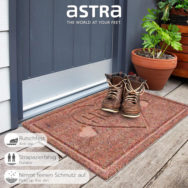 Astra Moderne Fussmatte Haustür - Kokosmatte 45x75cm Herz braun - rutschfeste Schmutzfangmatte robus