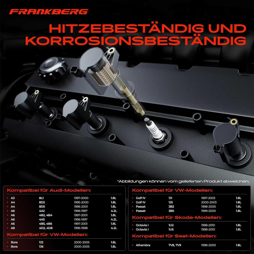 Frankberg 4x Zündspule Zündmodul Kompatibel mit A3 8L1 1.8T 1996-2003 A4 8D2 1.8T 1995-2000 B.o.r.a