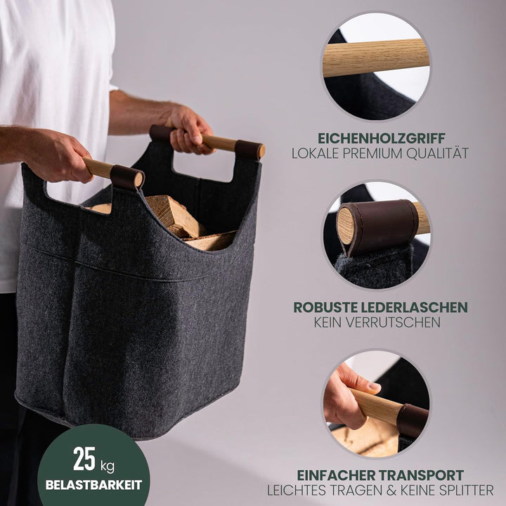 Filz Holzkorb für Kaminholz Gross [40 L] mit Echtholzhenkeln (Eiche) Plegeleichter Boden - Made in G