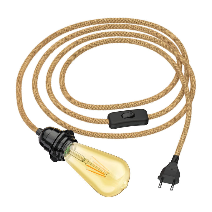 ledscom.de Hanfkabel LEKA mit Stecker, Schalter und E27 Fassung, inkl. E27 Lampe Vintage Retro gold