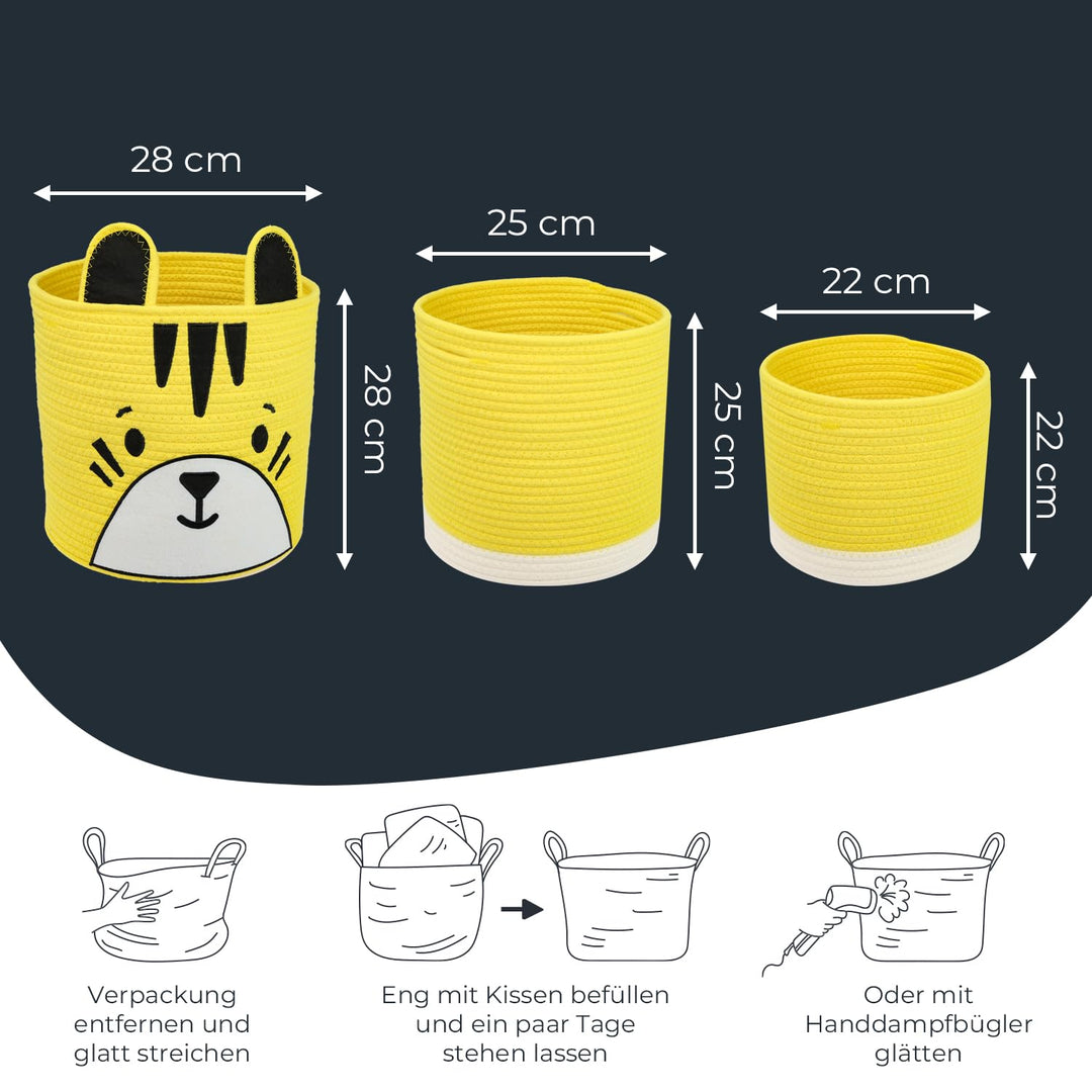 HMF Aufbewahrungskorb mit versteckten Griffen, 3er Set, Korb für Kinderzimmer aus Baumwolle | Tiger