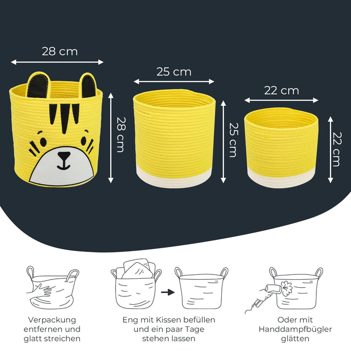 HMF Aufbewahrungskorb mit versteckten Griffen, 3er Set, Korb für Kinderzimmer aus Baumwolle | Tiger