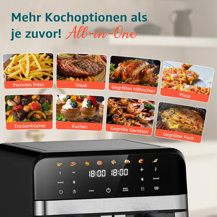 Heissluftfritteuse mit Sichtfenster | 9 Liter | Heissluftfritteuse mit 2 Körben | 8-in-1 Digitale Ai