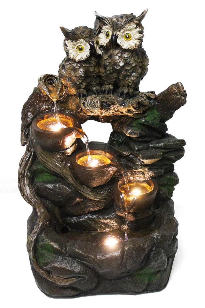 Gartenbrunnen Eule mit LED-Beleuchtung Springbrunnen Terrassenbrunnen Wasserspiel Zimmerbrunnen