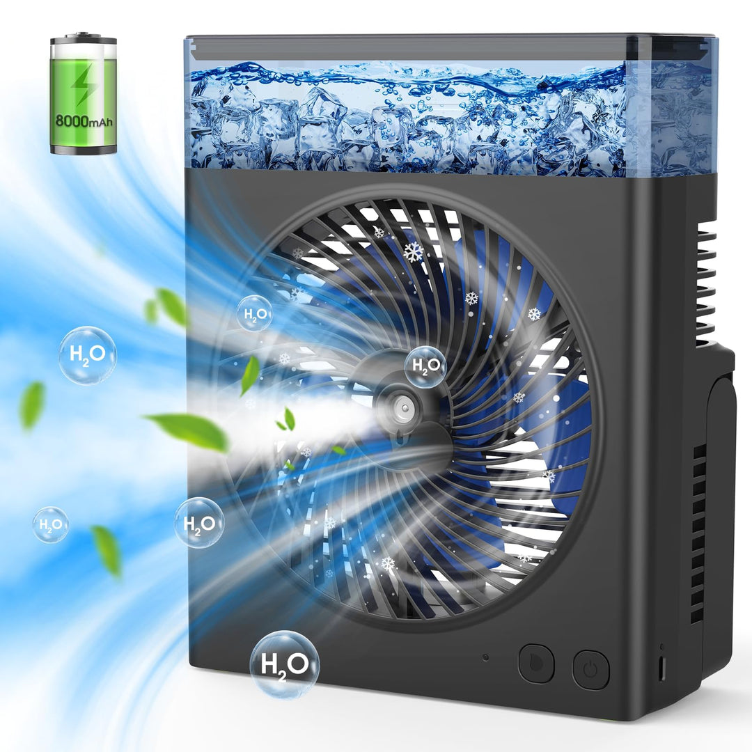 Tragbarer Nebel-Ventilator, 8000mAh 8-Zoll wiederaufladbarer Wasser-Kühlungs-Nebel-Ventilator mit 60