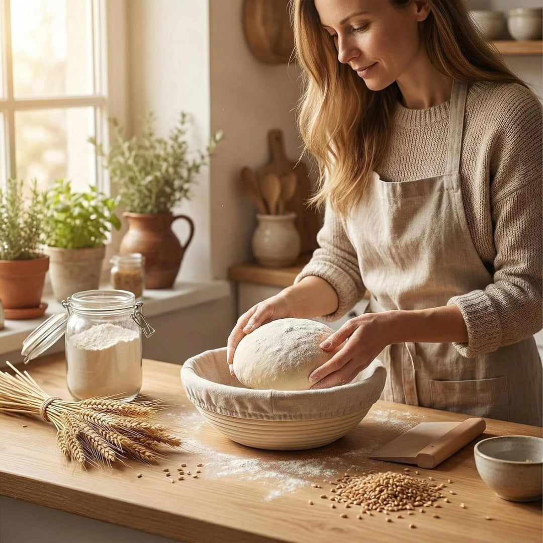 Gärkörbchen Rund 23 cm – Gärkorb für Brot aus Natur Rattan mit Leineneinsatz, für knusprige Kruste &amp;