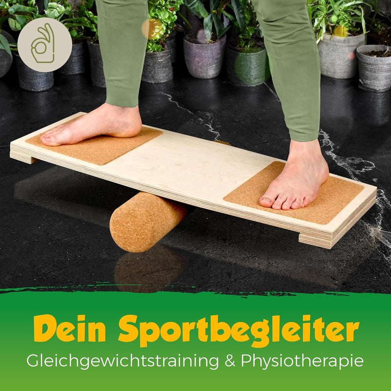 Balance-Board mit Korkpads & Korkrolle | 70 x 30 cm | Gleichgewichtsbrett | Wackel-Brett | Koordinat