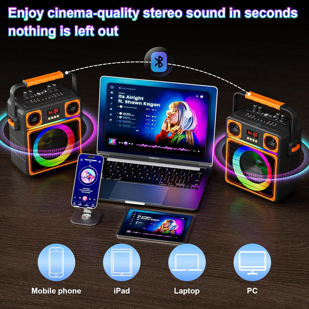 Karaoke Maschine mit 2 Mikrofone, GuKKK Tragbaren Bluetooth Lautsprecher Box und DJ-Lichtern für Erw