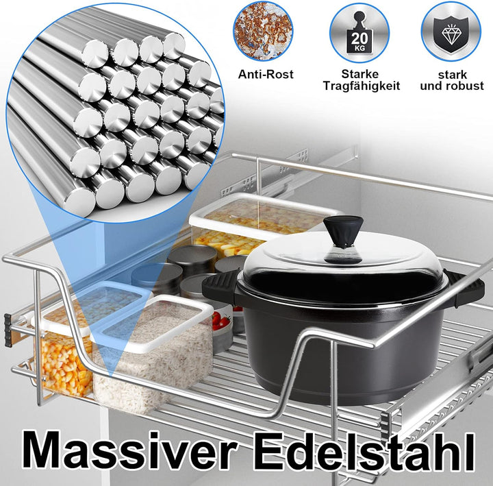 NAIZY 2x Teleskopschublade 30cm Breite anwendbar Küchenschublade Silber Küchen Regal aus Massiver Ed