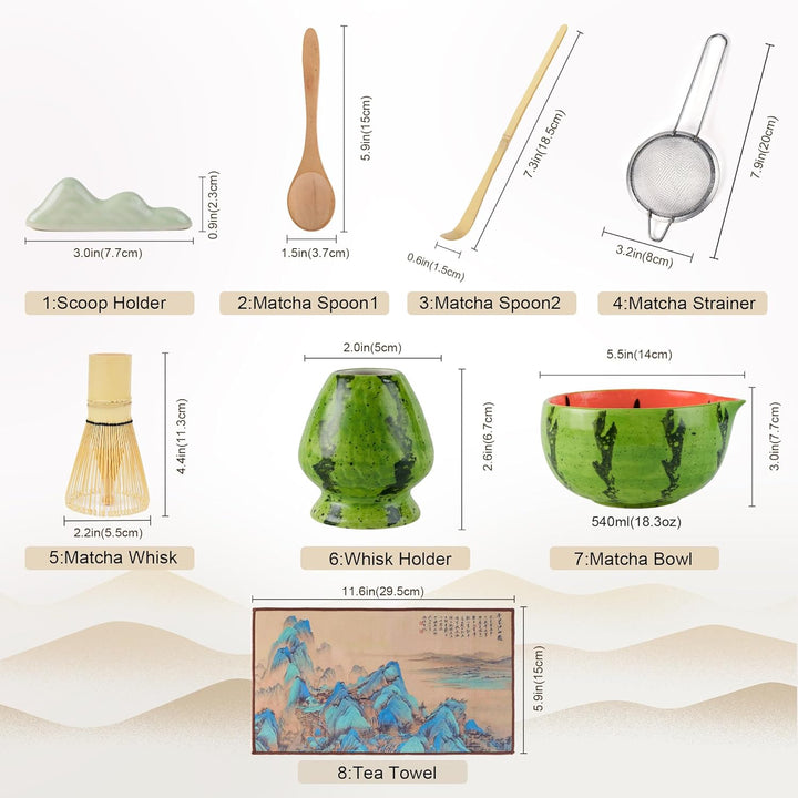 Matcha Tea Set 8- piece Matcha Broom Set with Whisk, Broom Holder, Ceramic Bowl, 2 Teaspoons, spoon