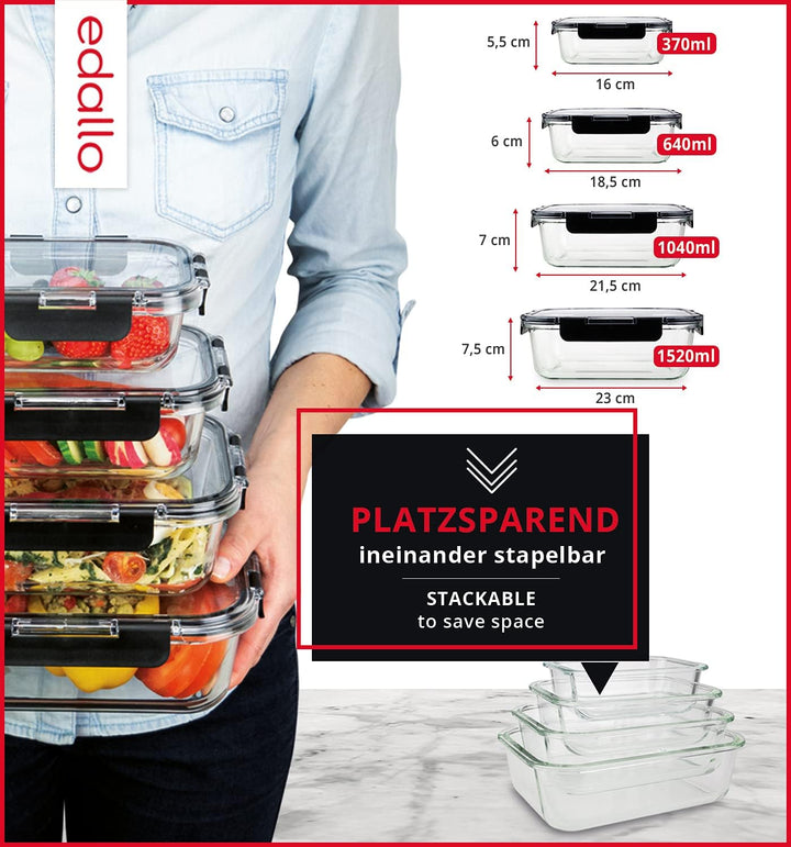 edallo NEU TRITAN - 4 vielseitige Frischhaltedosen mit TRITAN Deckel & premium Glas - Luftdicht, aus