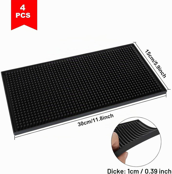 4 Stück 15 x 30cm Bar Matte, Schwarz Gummi Abtropfmatte, Bar Service Matte Barmatte rutschfest für B