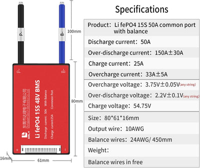 DALY BMS 15S 48V 50A LiFePO4 Batterieschutzmodul PCB Schutzplatine mit Balance-Leitungen Drähte BMS