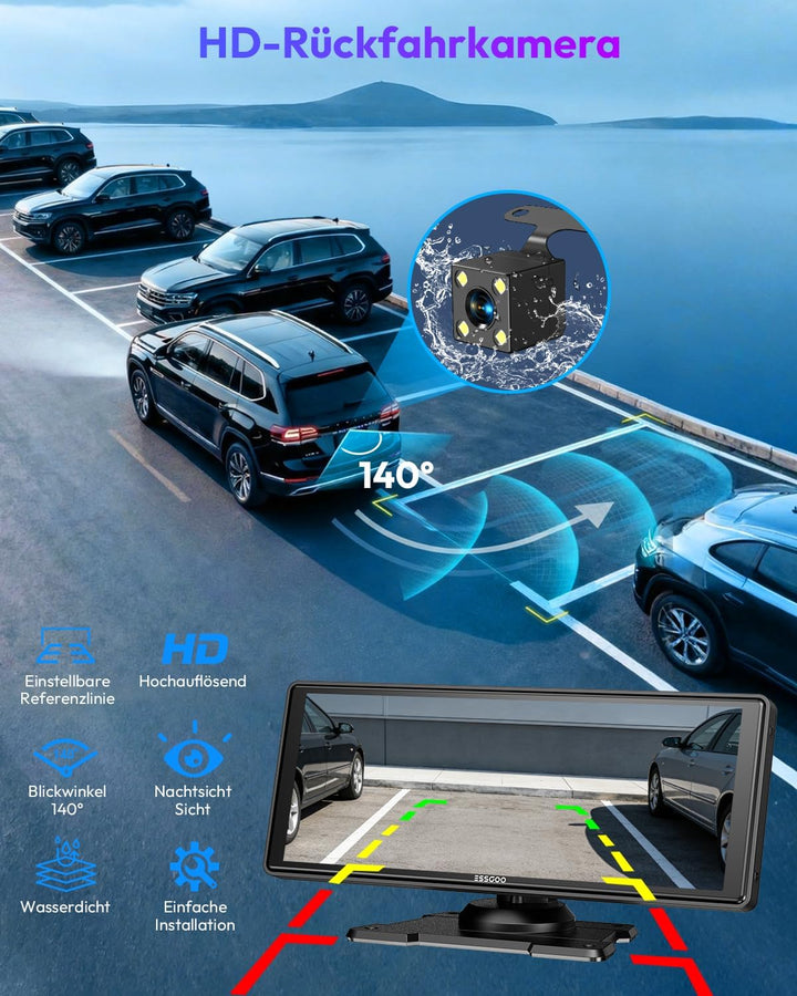 ESSGOO Carplay Android Auto Display mit Rückfahrkamera,10.26 Zoll Apple Carplay Bildschirm für Andro