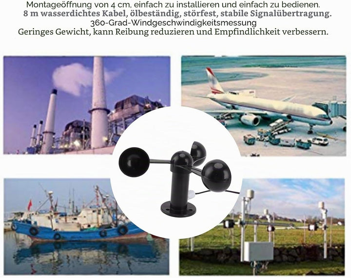 Qcwwy 3-Tassen-Windsensor-ABS-Windgeschwindigkeitsdetektor mit 8 M Wasserdichtem Kabel, Störungsfrei