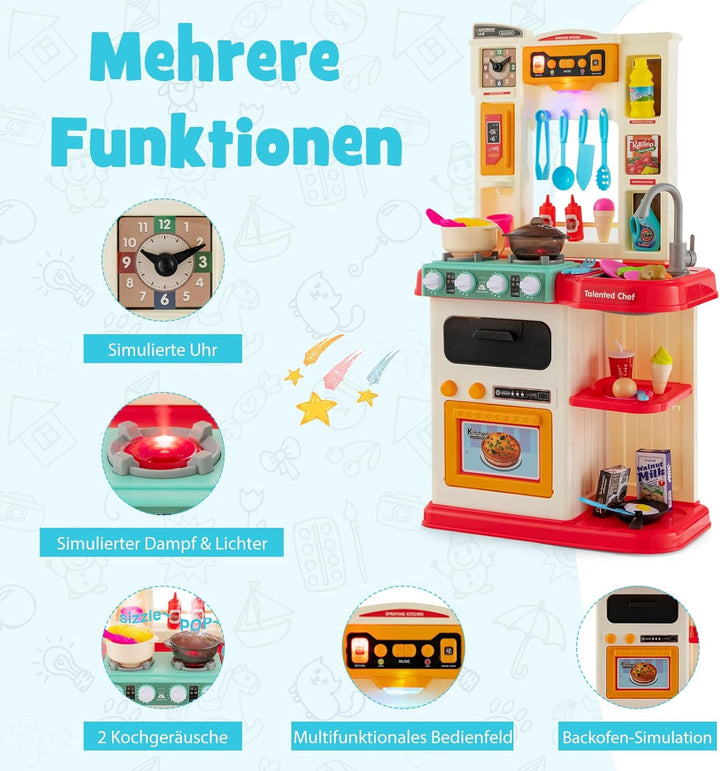 COSTWAY 65 TLG. Kinderküche mit Lichter, Musik und Sound, Spielküche inkl. Zubehör, Kinderspielküche
