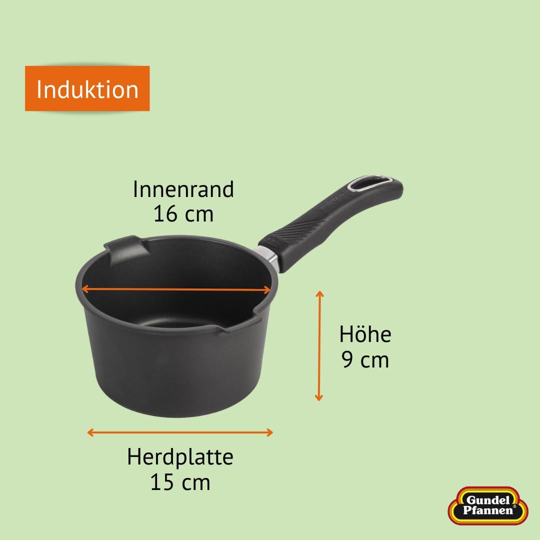 Original Gundel GUSS-MILCHTOPF INDUKTION, Ø 16 cm, Höhe 9 cm, Kasserolle mit Stiel, PFOA-frei, Akku-