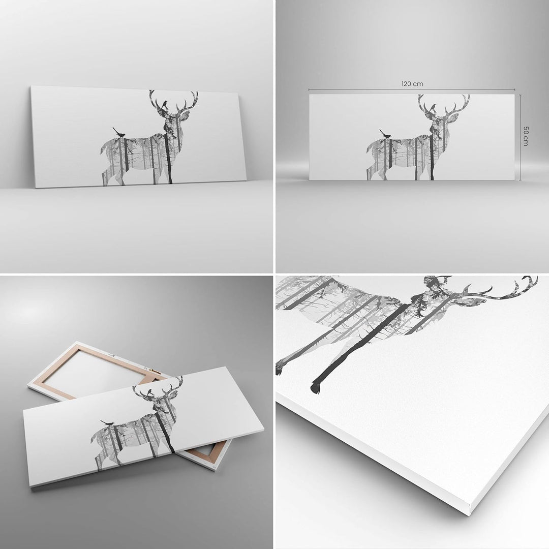 Wandbilder Dekoration Wohnzimmer Hirsch Herbst Wald Illustration Panorama Bilder auf Leinwand 120x50