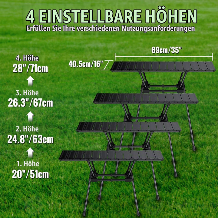 GARLLEN Campingtisch klappbar, 89x40,5cm &amp; 4 höhenverstellbar Klapptisch Aluminium Leicht Mehrzweckt