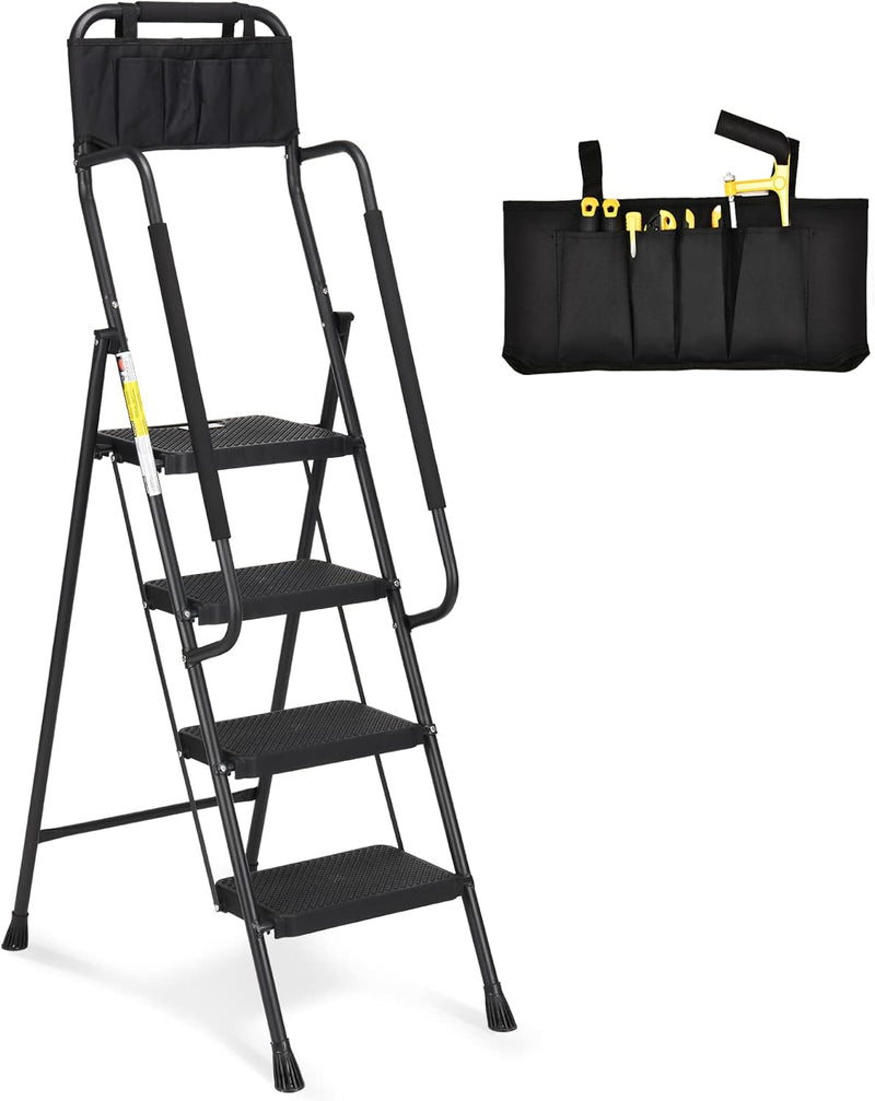 HBTower Leiter 4 Stufen, Trittleiter mit Handläufen, klappbarer Tritthocker mit ansteckbarer Werkzeu