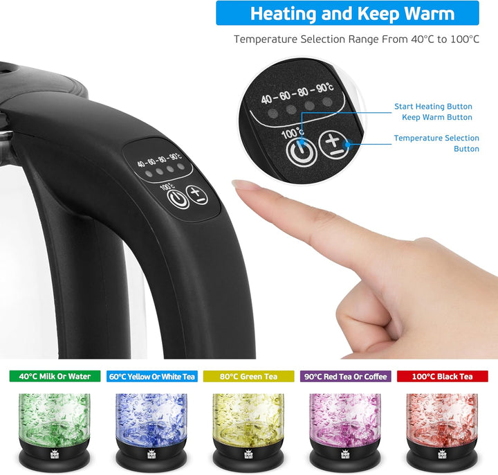 ForMe Glas Wasserkocher 1.7 mit Temperatureinstellung Temperaturwahl 40-100°C Farbwechsel LED Temper