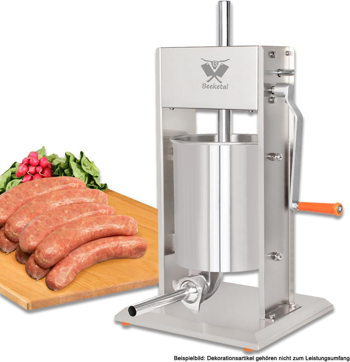 Beeketal 'BT010' Edelstahl Industrie Wurstfüllmaschine (10 L Volumen) SGS-geprüft, Profi Wurstfüller