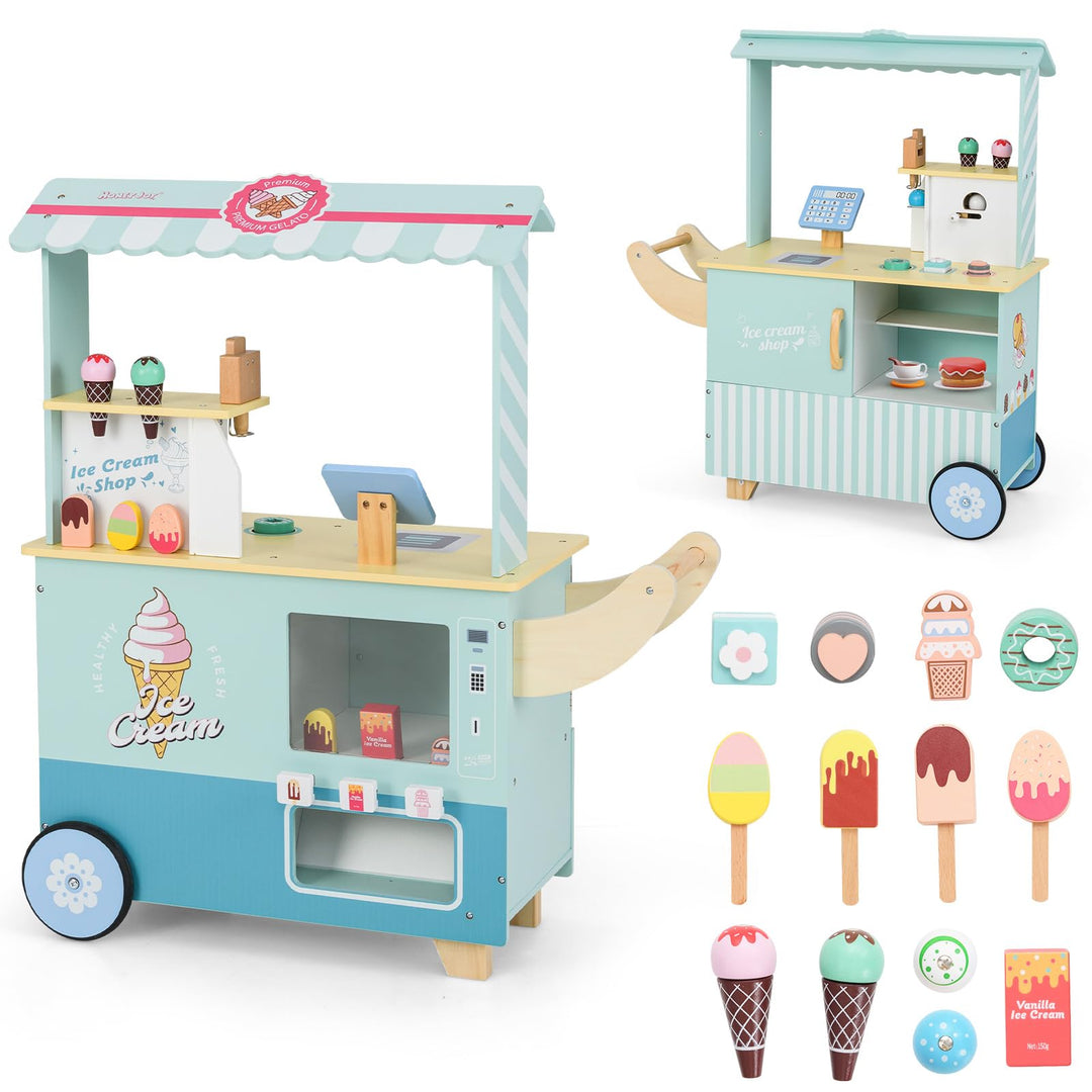 COSTWAY Eiswagen Kinder mit Eiscreme Spielzeug, Eisladen Holz mit Eismaschine & Verkaufsautomat & Ka