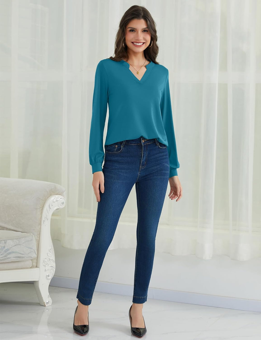 Beluring Langarmshirt Damen Elegant V Ausschnitt Tunika Bluse Einfarbig T-Shirt S Seeblau, S Seeblau
