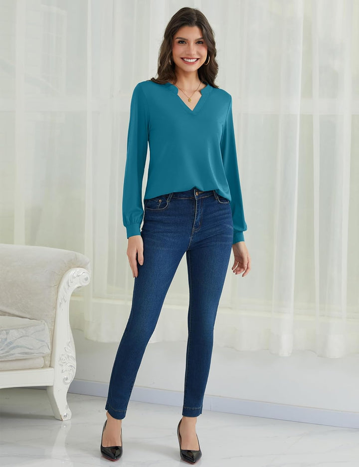 Beluring Langarmshirt Damen Elegant V Ausschnitt Tunika Bluse Einfarbig T-Shirt S Seeblau, S Seeblau