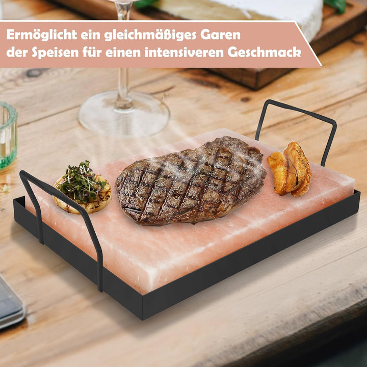 4 set XXL Salzstein zum Grillen, 20x30x3cm Salz Grillsteine Mit Eisenplatte, Original Kristallsalz,