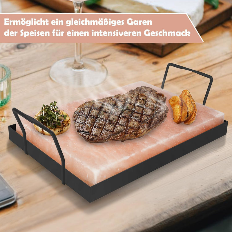 Jopassy 2er Pack XXL Salzstein zum Grillen, 20x30x3cm Salz Grillsteine Mit Eisenplatte, Wiederverwen